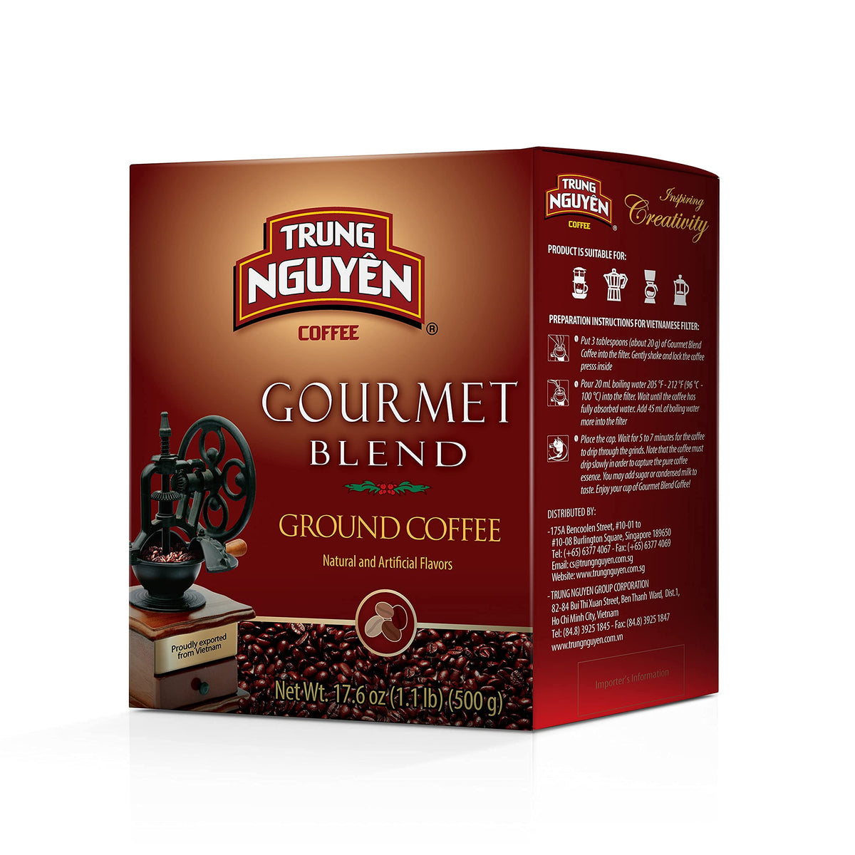 TRUNG NGUYÊN Legend front packaging showing premium 500g box and branding benefit