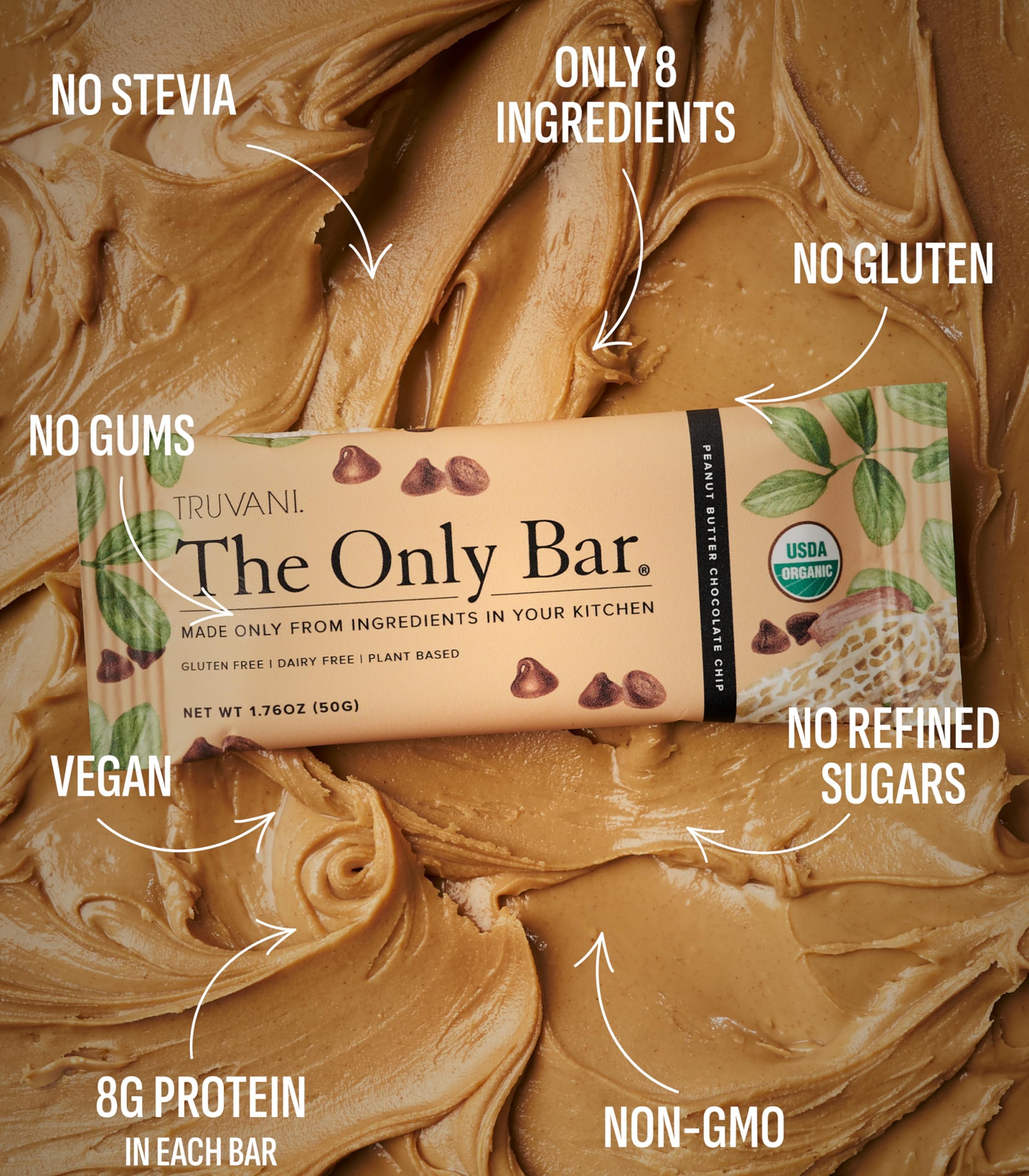 Truvani close-up of bar texture with nuts and chocolate showing natural ingredients benefit