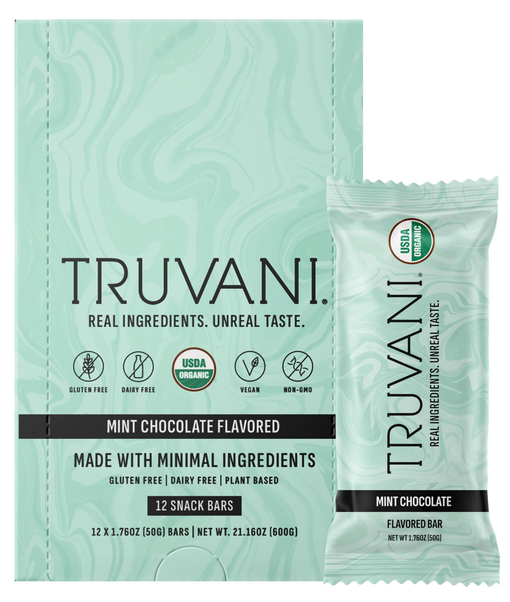 Truvani front packaging of Chocolate Mint 12-pack showing organic badge and branding for trustworthy snacking