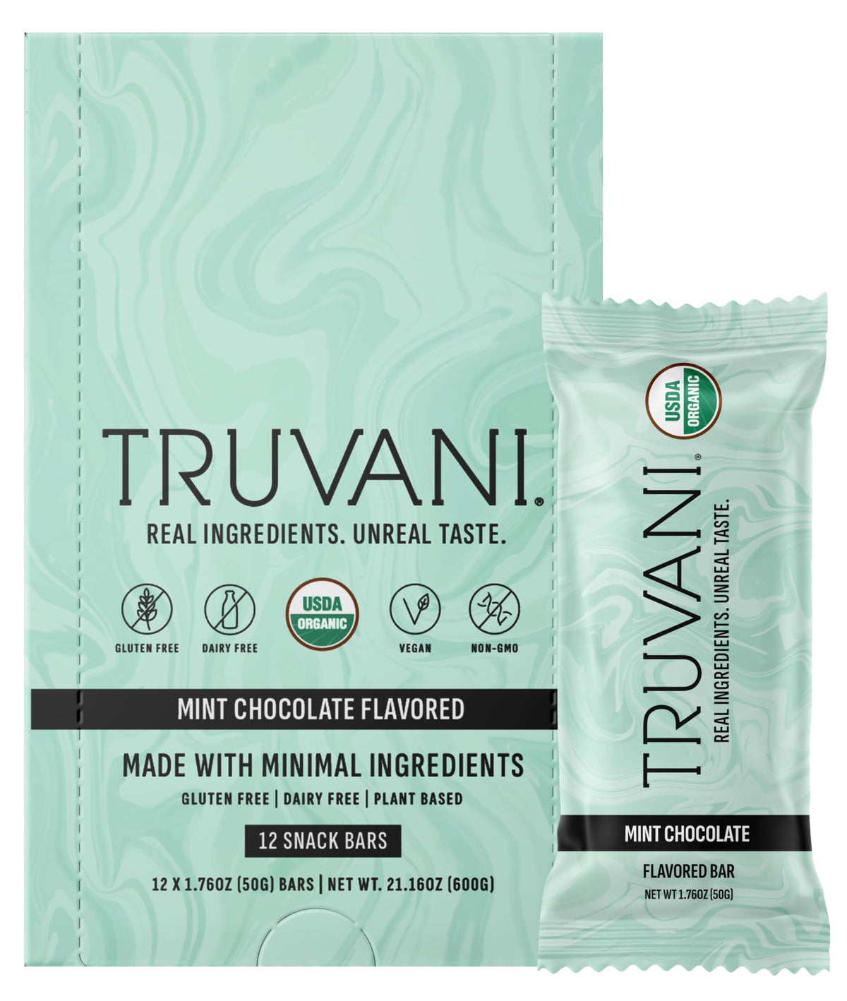 Truvani front packaging of Chocolate Mint 12-pack showing organic badge and branding for trustworthy snacking