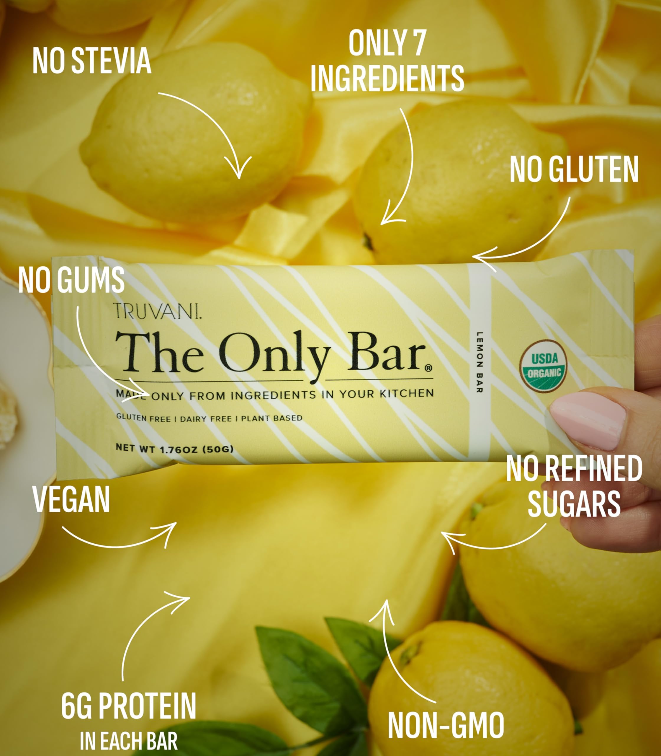 Truvani lemon bar close-up texture revealing nuts and dates for natural energy