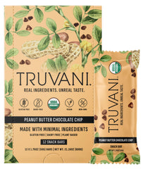 Truvani front packaging showing peanut butter chocolate chip bars and organic badge for trust