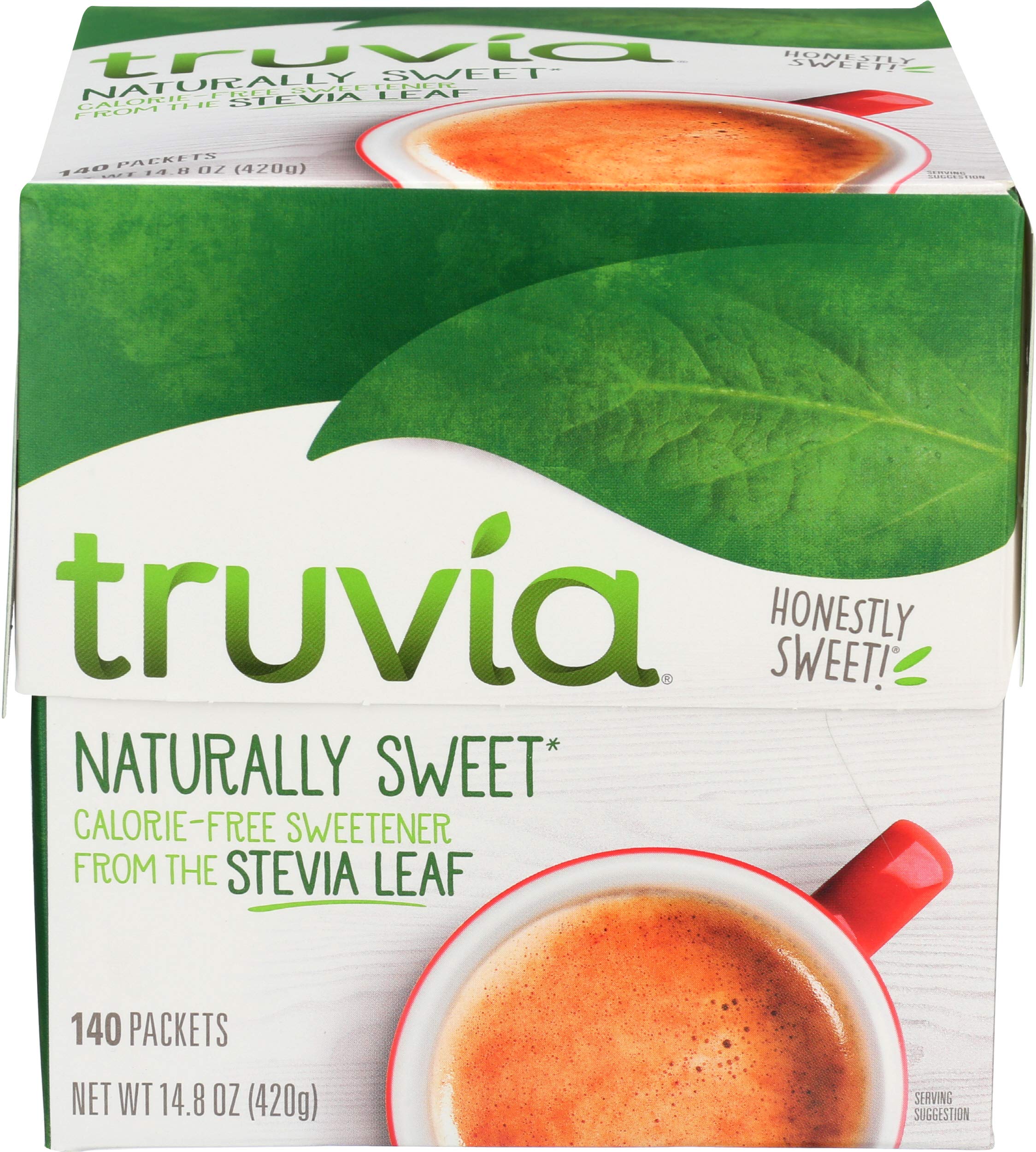 Truvia front of box showing 140 packets and compact packaging benefit
