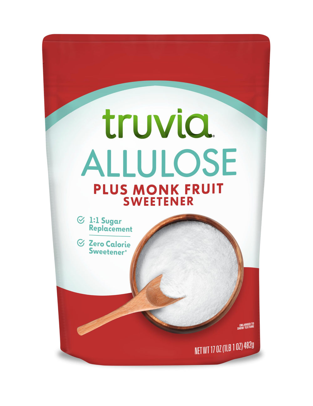 Truvia front packaging 17 oz pouch showing resealable convenience and consistent sweetness