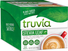 Truvia front packaging 240-count carton showing brand and packet supply benefits