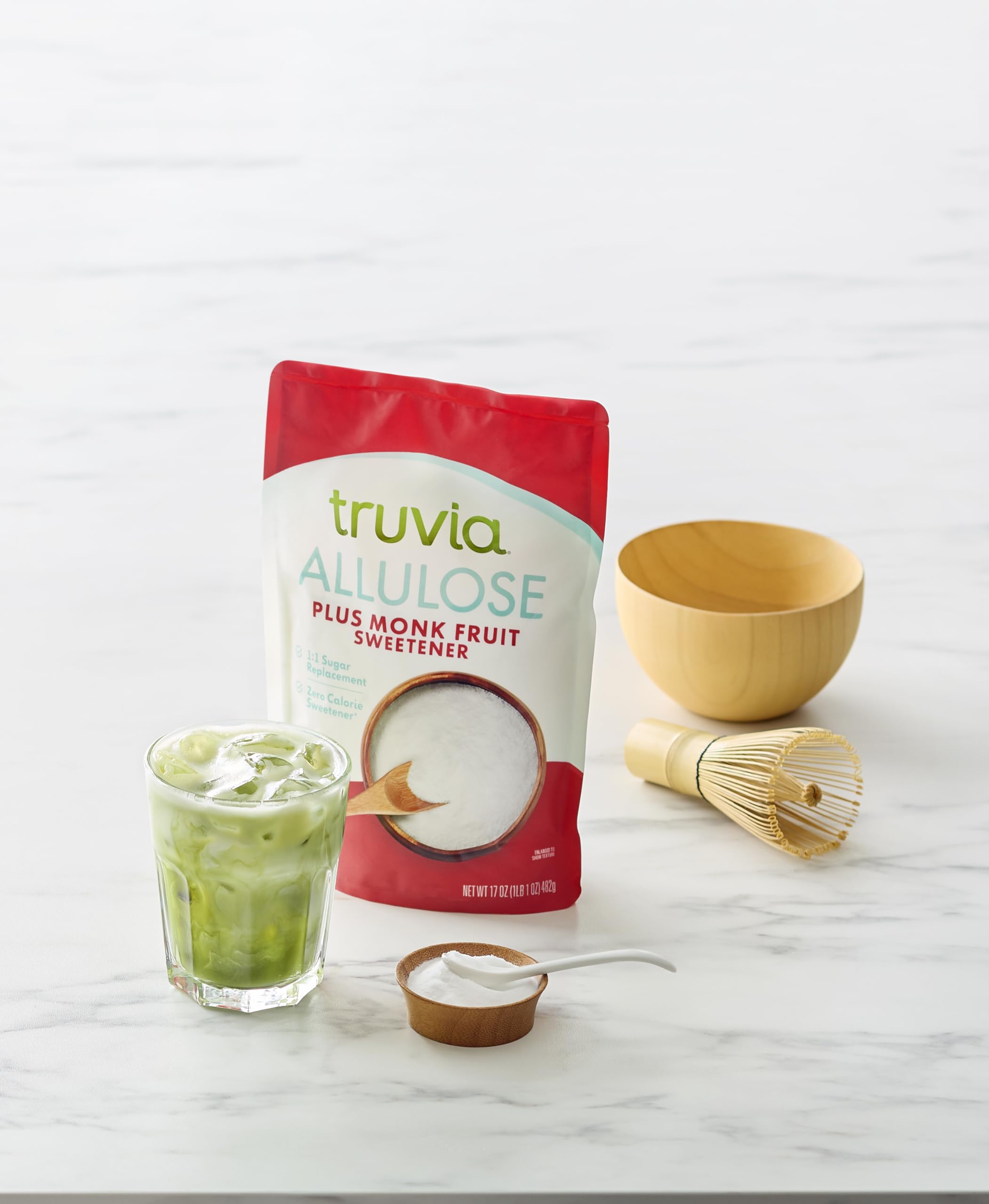Truvia close-up granules texture highlighting allulose blend for sugar-like mouthfeel