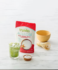 Truvia close-up granules texture highlighting allulose blend for sugar-like mouthfeel