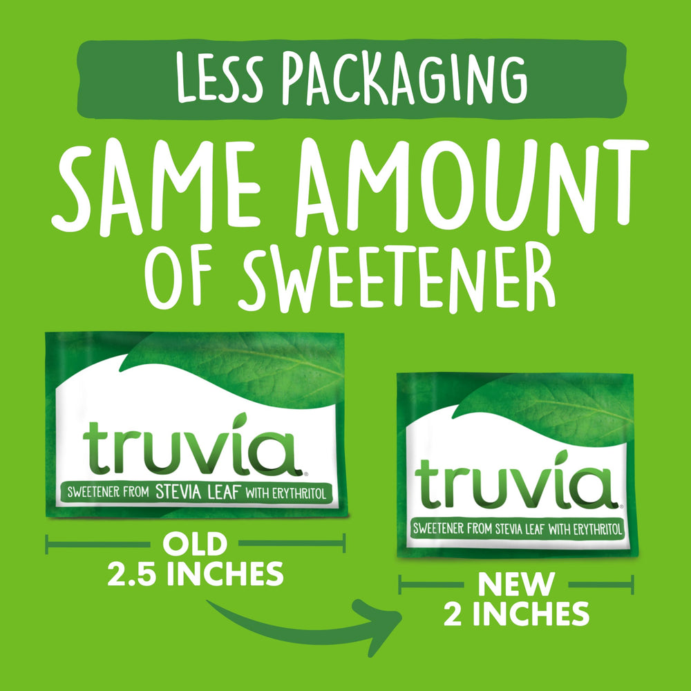 Truvia packet poured into coffee showing quick dissolve and calorie-free benefit