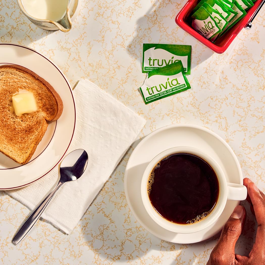 Truvia opened single packet closeup highlighting convenient portioning