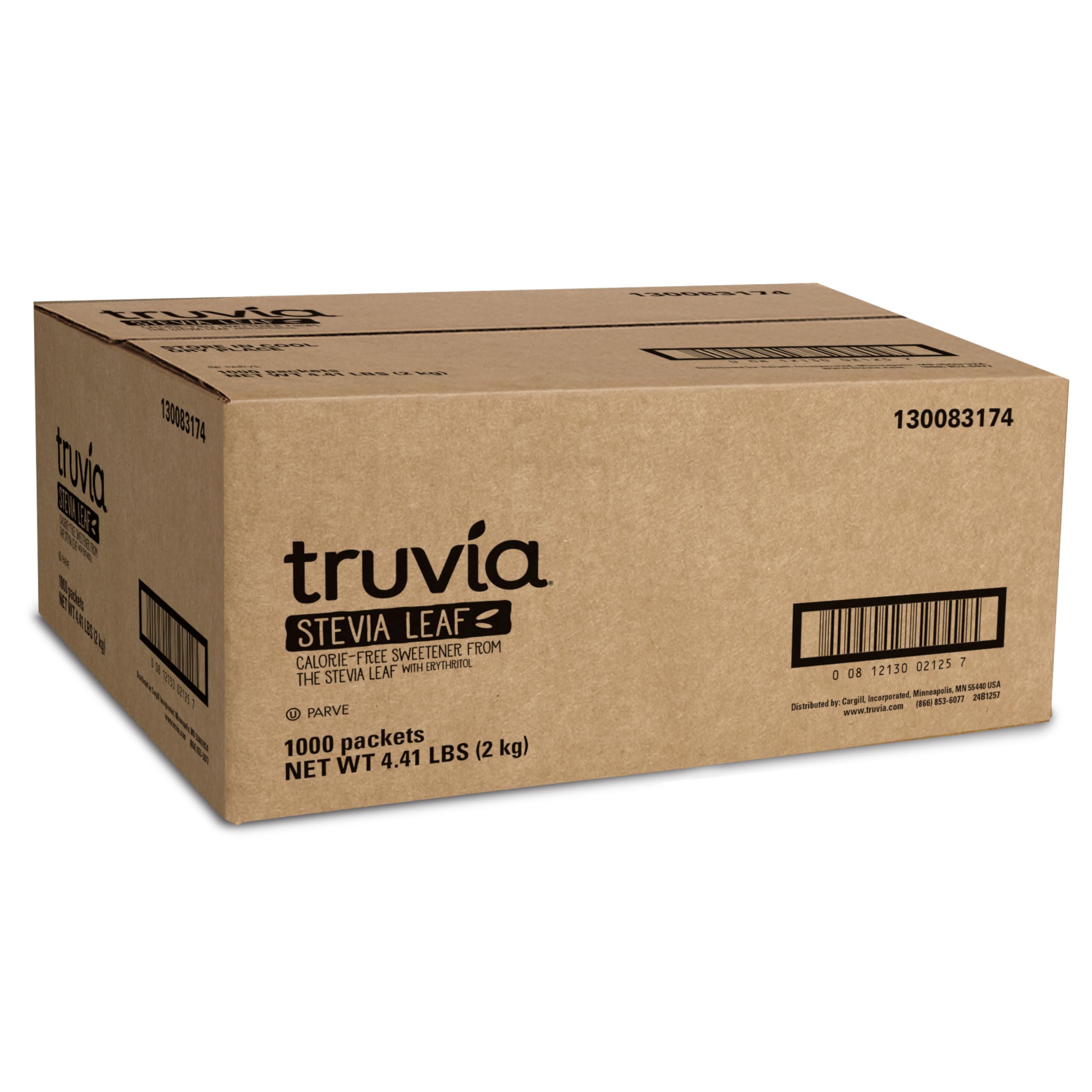 Truvia front packaging showing 1,000-count box and brand benefit convenience