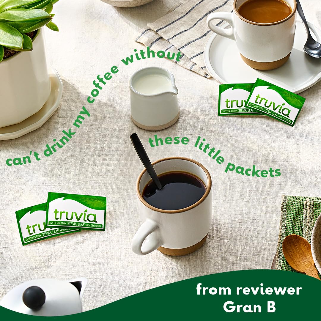 Truvia packets beside a ruler to show packet size and portability benefit