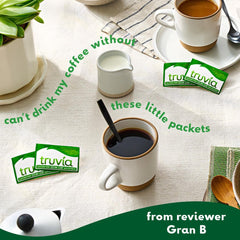 Truvia packets beside a ruler to show packet size and portability benefit