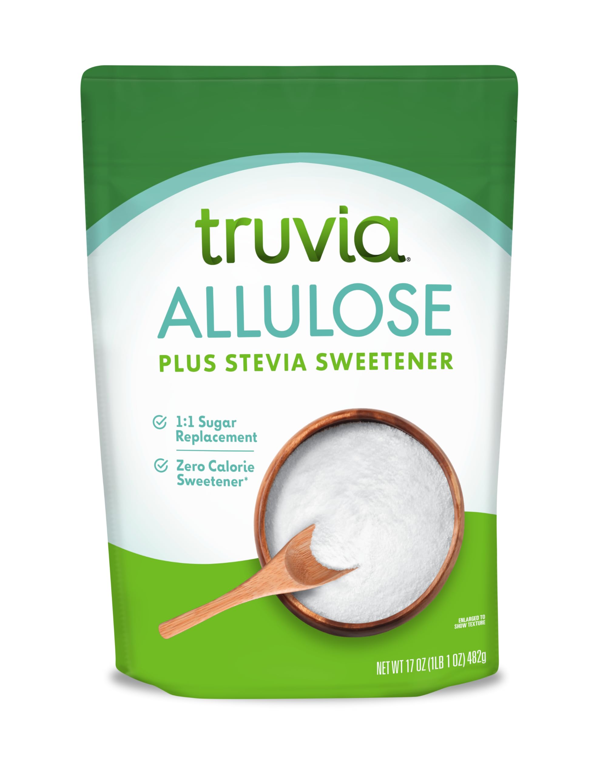 Truvia pouch front view showing 17 oz package and clear labeling benefit