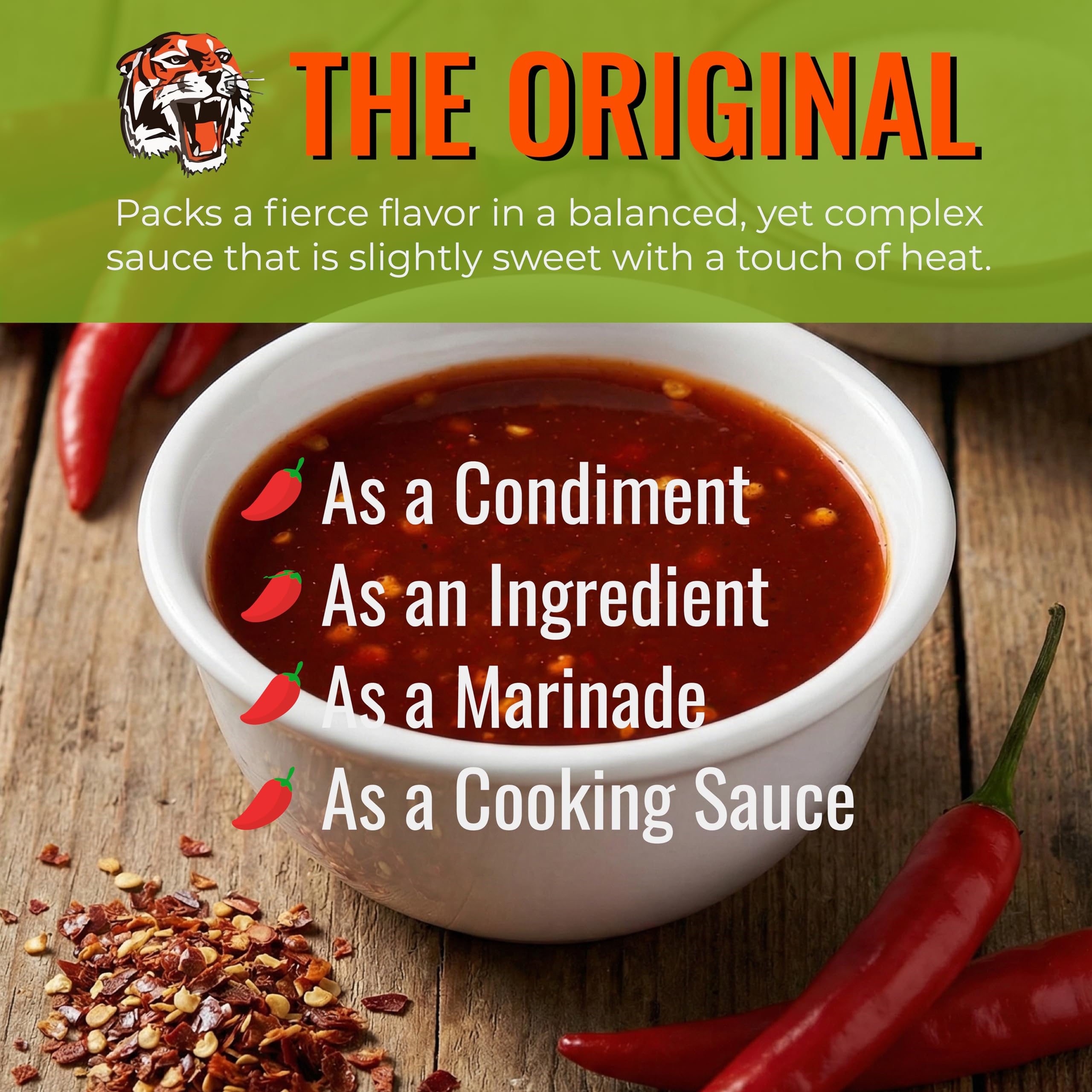 Try Me Tiger Sauce label close-up highlighting flavor description and ingredients benefit