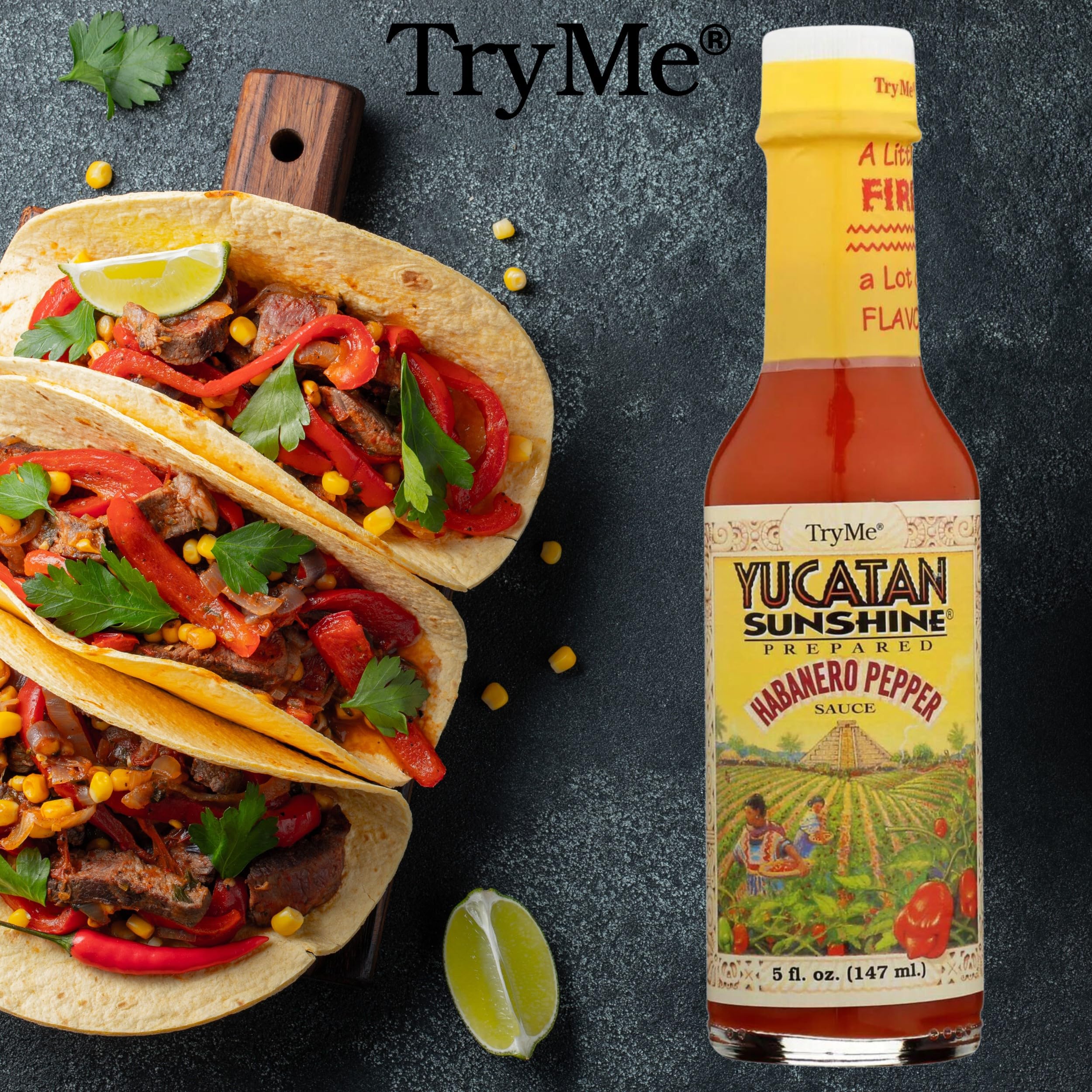 Try Me Yucatan Sunshine sauce pouring from bottle onto grilled fish for flavor boost