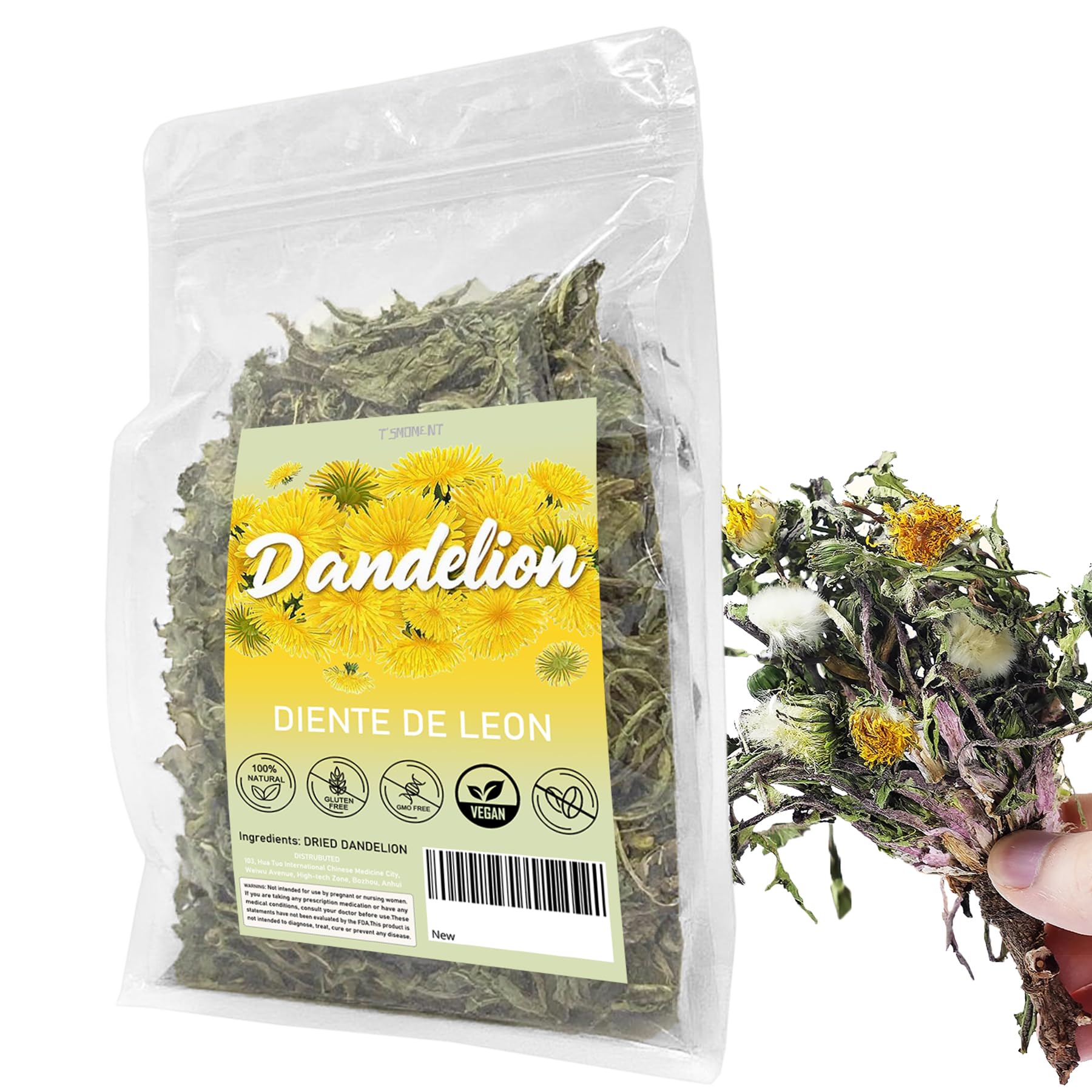 T'SMOMENT front packaging showing organic dandelion tea pouch and branding benefit freshness