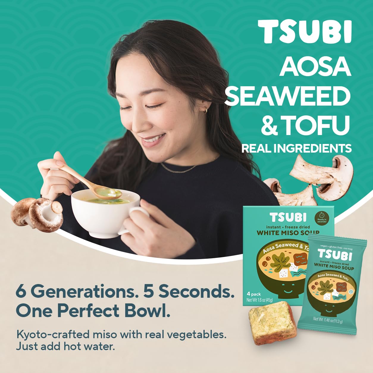 Tsubi single cube close-up showing freeze-dried texture and easy portability benefit