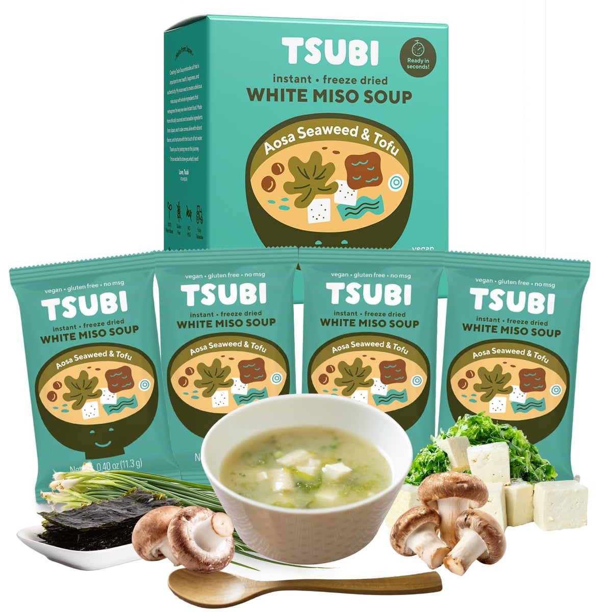 Tsubi front packaging showing four individually wrapped miso cubes and branding