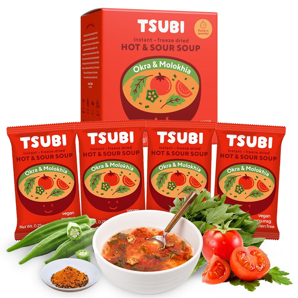 Tsubi front box showing four individually wrapped tomato soup cubes and branding benefit: grab-and-go convenience