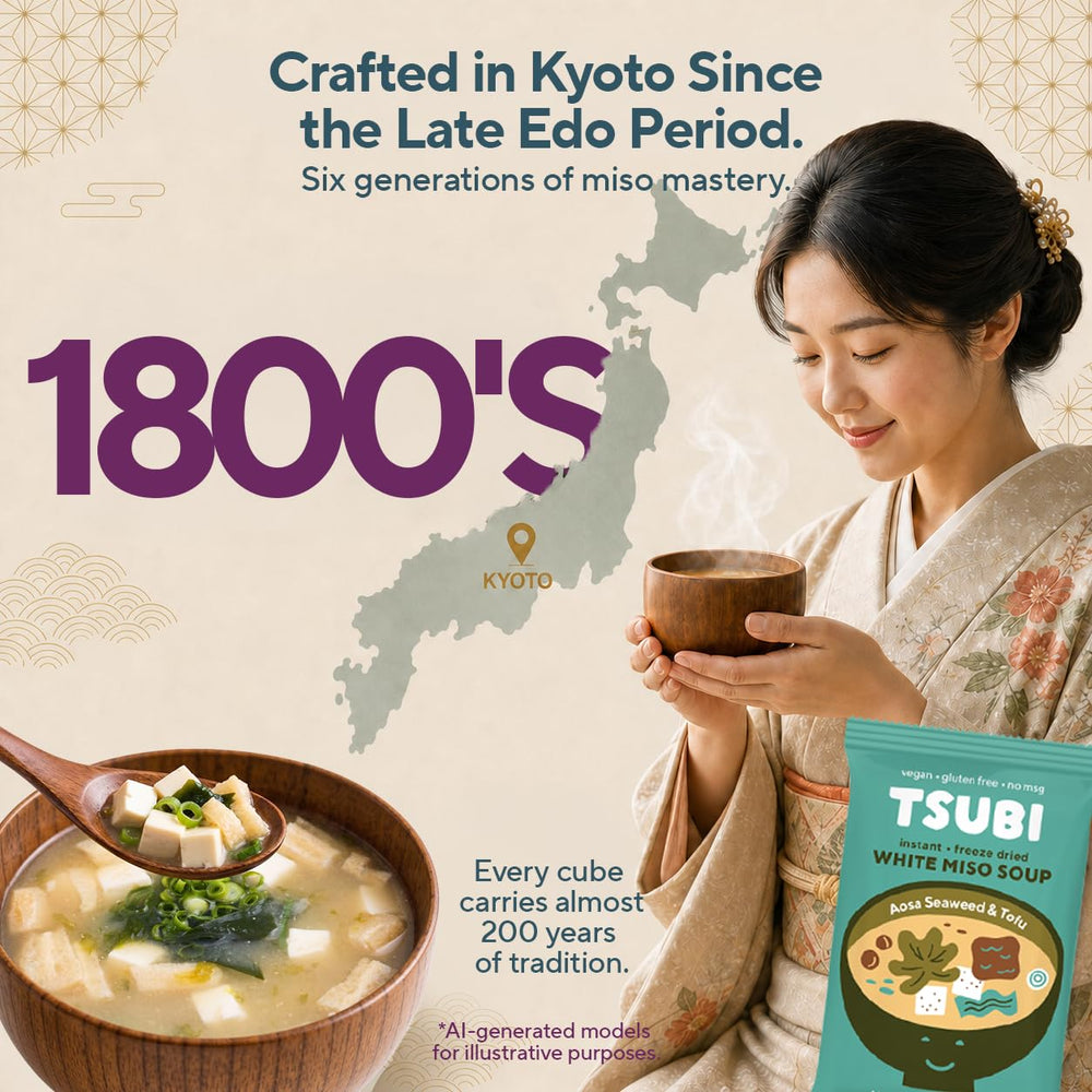 Cup of prepared Tsubi miso soup steaming, showing quick preparation convenience