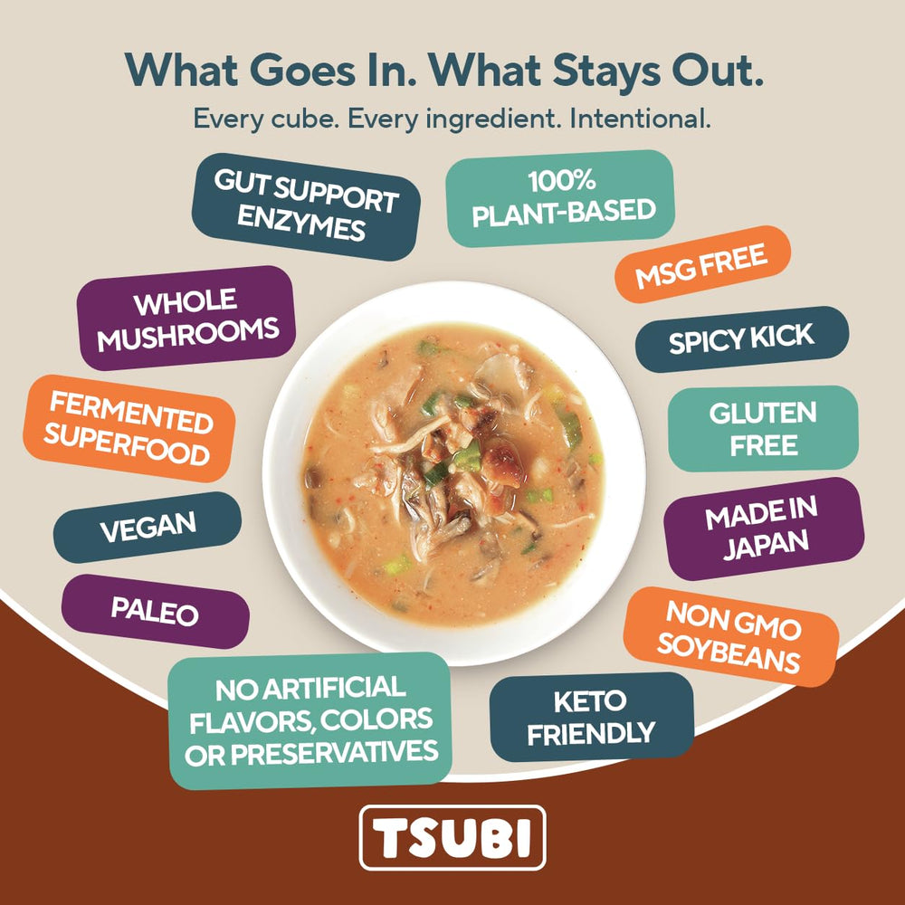 Tsubi Soup cube next to spoon for scale showing single-serving size