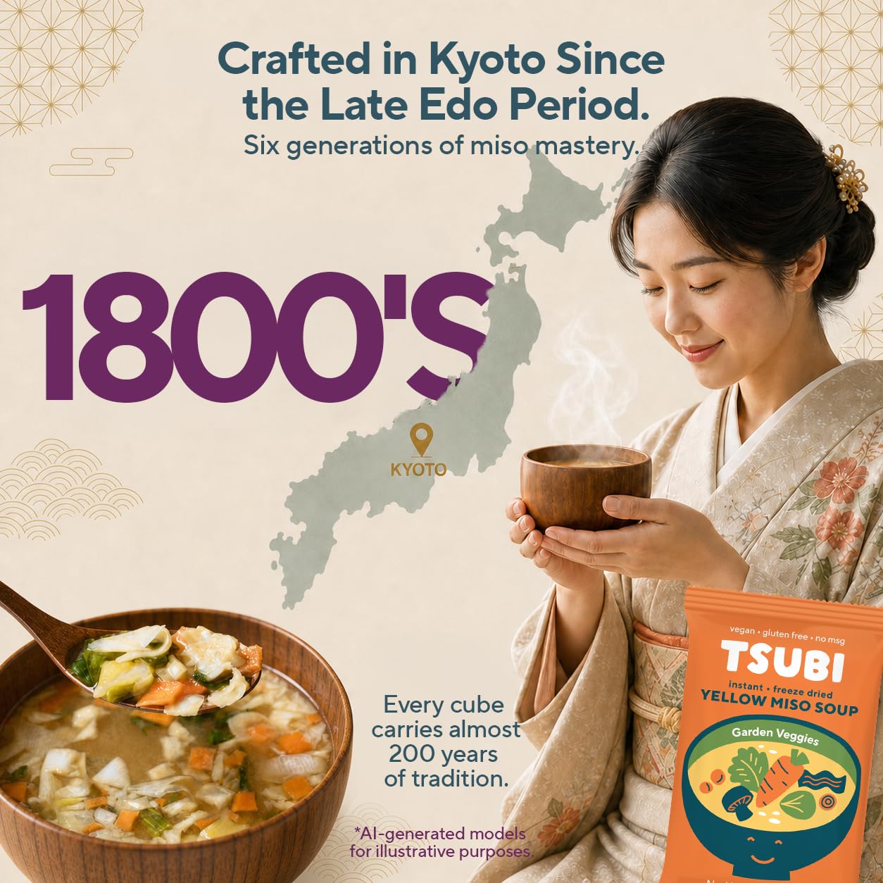 Tsubi Soup cup beside measuring guide showing serving size