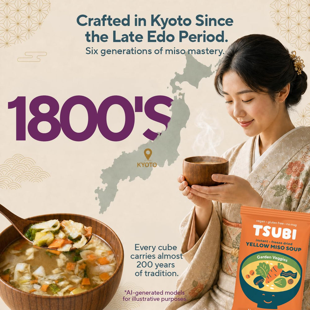 Tsubi Soup cup beside measuring guide showing serving size