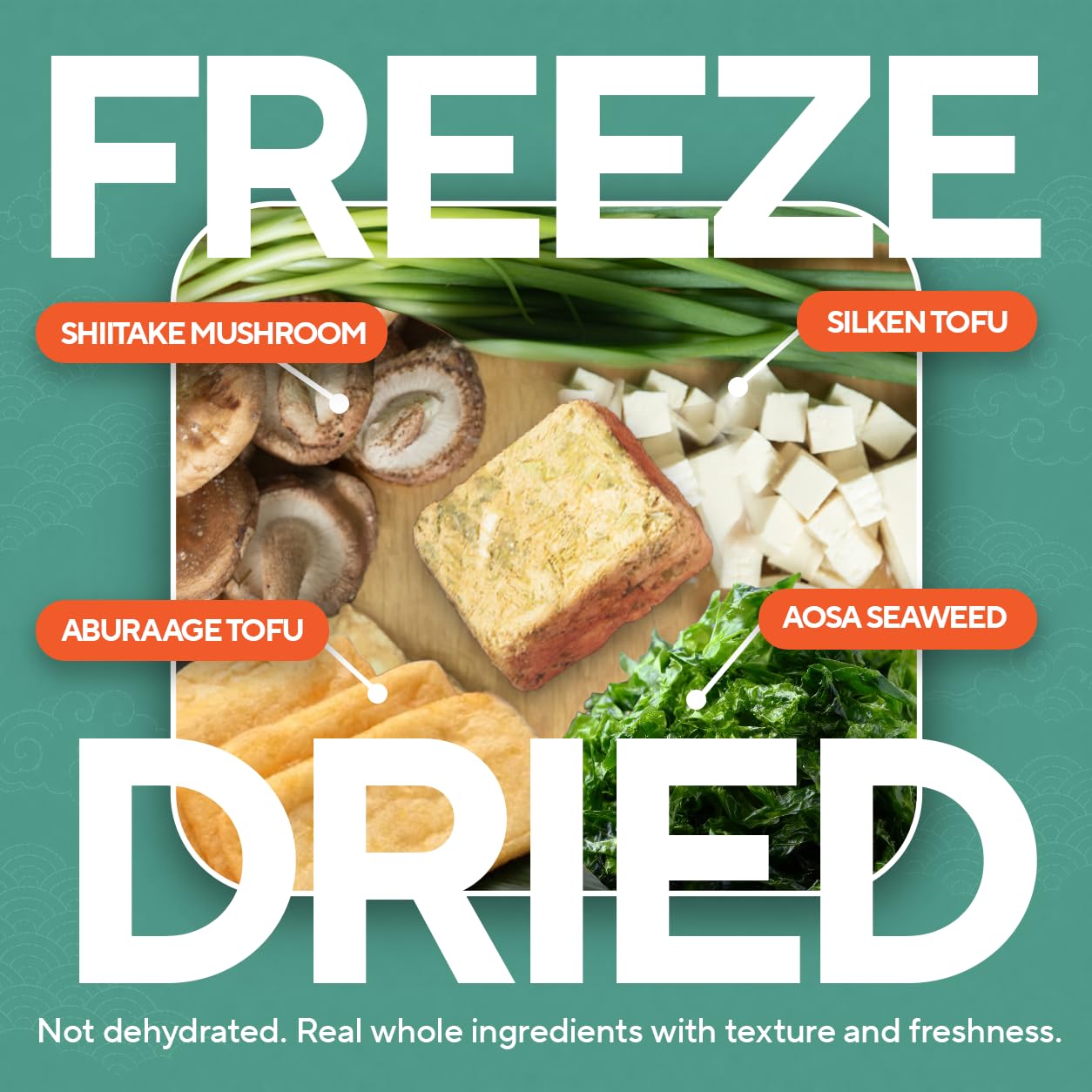 Tsubi freeze-dried tofu and aosa seaweed pieces emphasizing real ingredients benefit