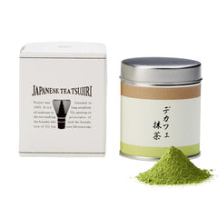 TSUJIRI decaf matcha front tin showing premium packaging and freshness benefit