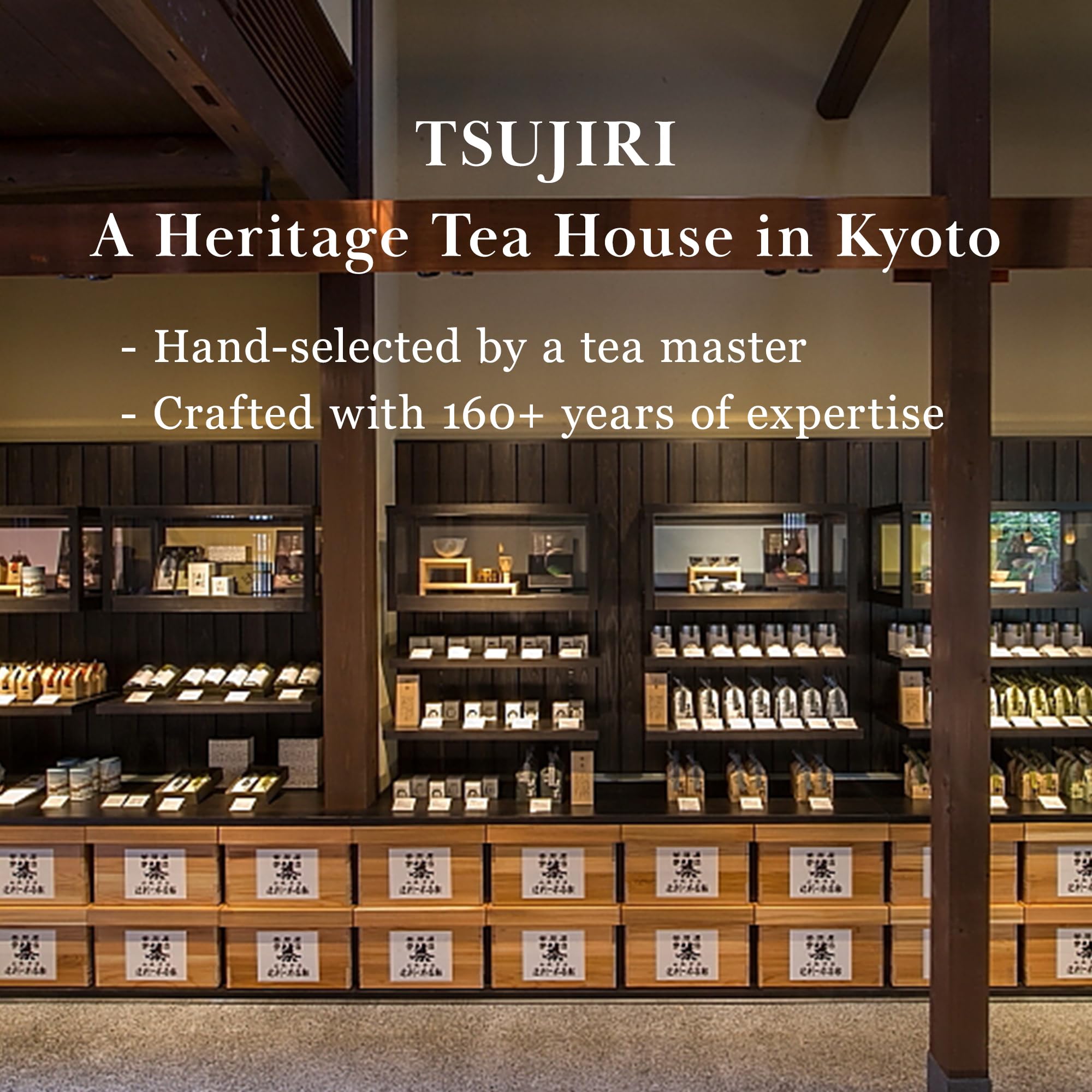 TSUJIRI decaf matcha label detail emphasizing Japanese origin and quality assurance