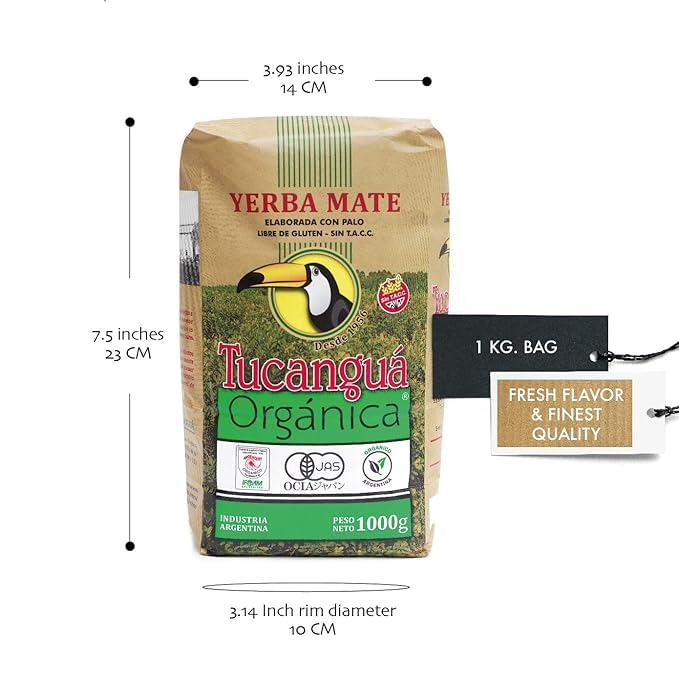 Tucanguá 1 kg bag beside a coffee mug showing scale and generous supply