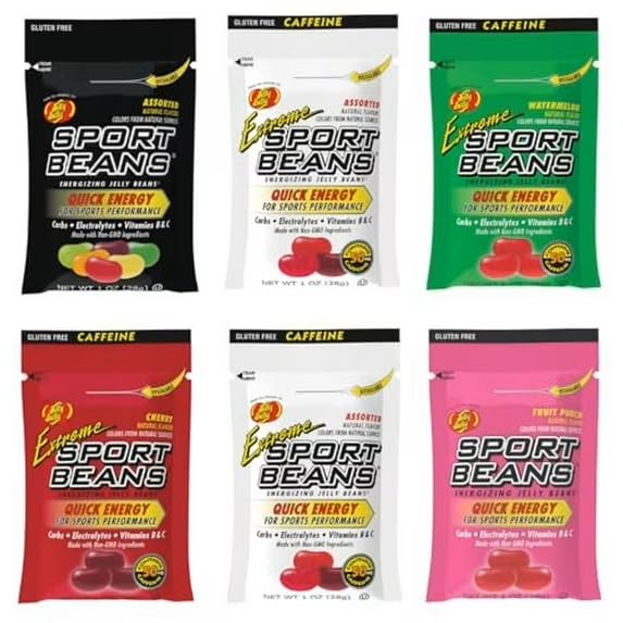 TULLIPAK Sport Beans front packaging showing 1oz packets and flavor variety for quick energy
