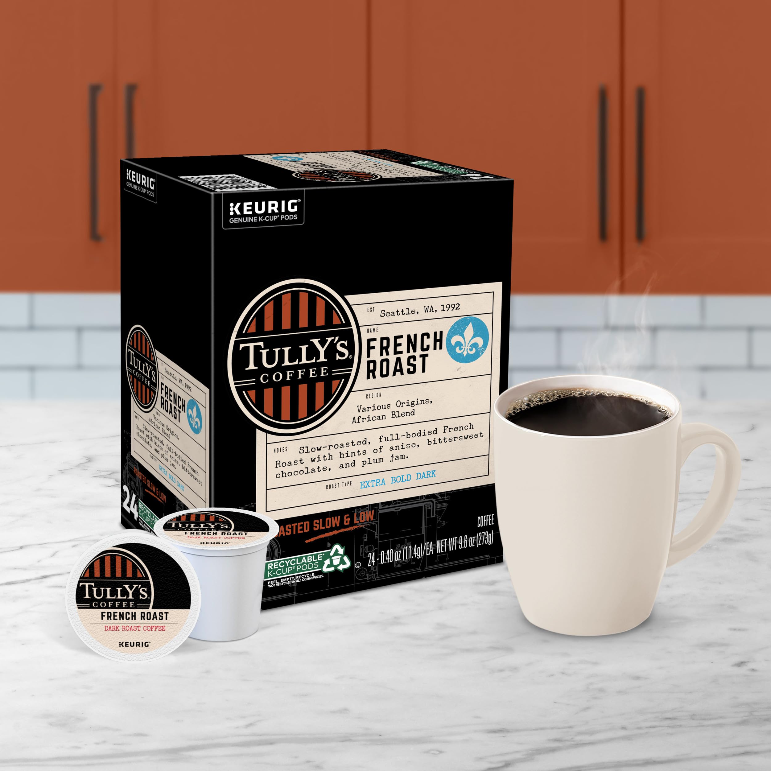 Tully's brewed cup of French Roast with dark color and smoky aroma for a bold coffee experience