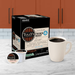 Tully's brewed cup of French Roast with dark color and smoky aroma for a bold coffee experience