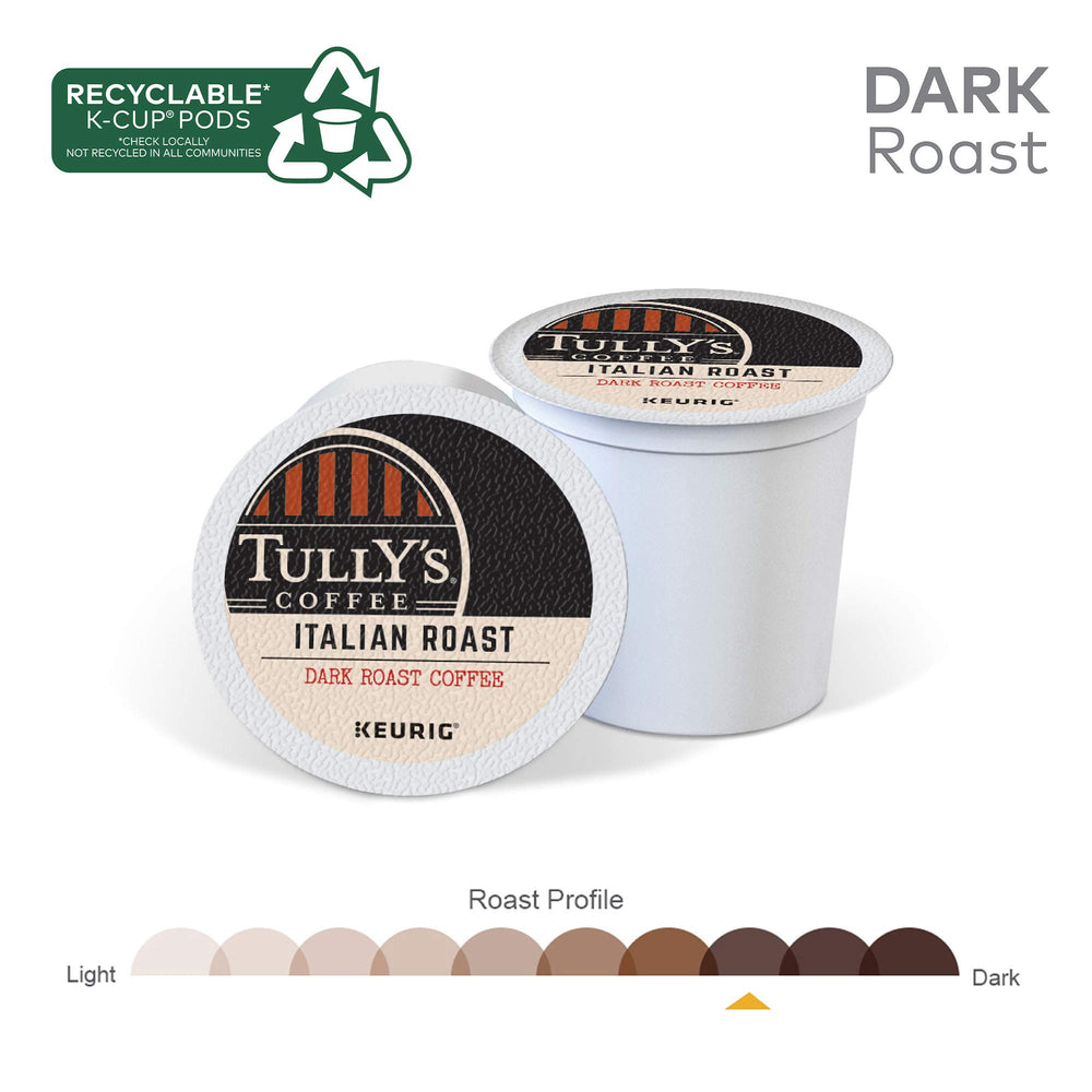 Freshly poured cup of Tully's Coffee Italian Roast showing full-bodied finish