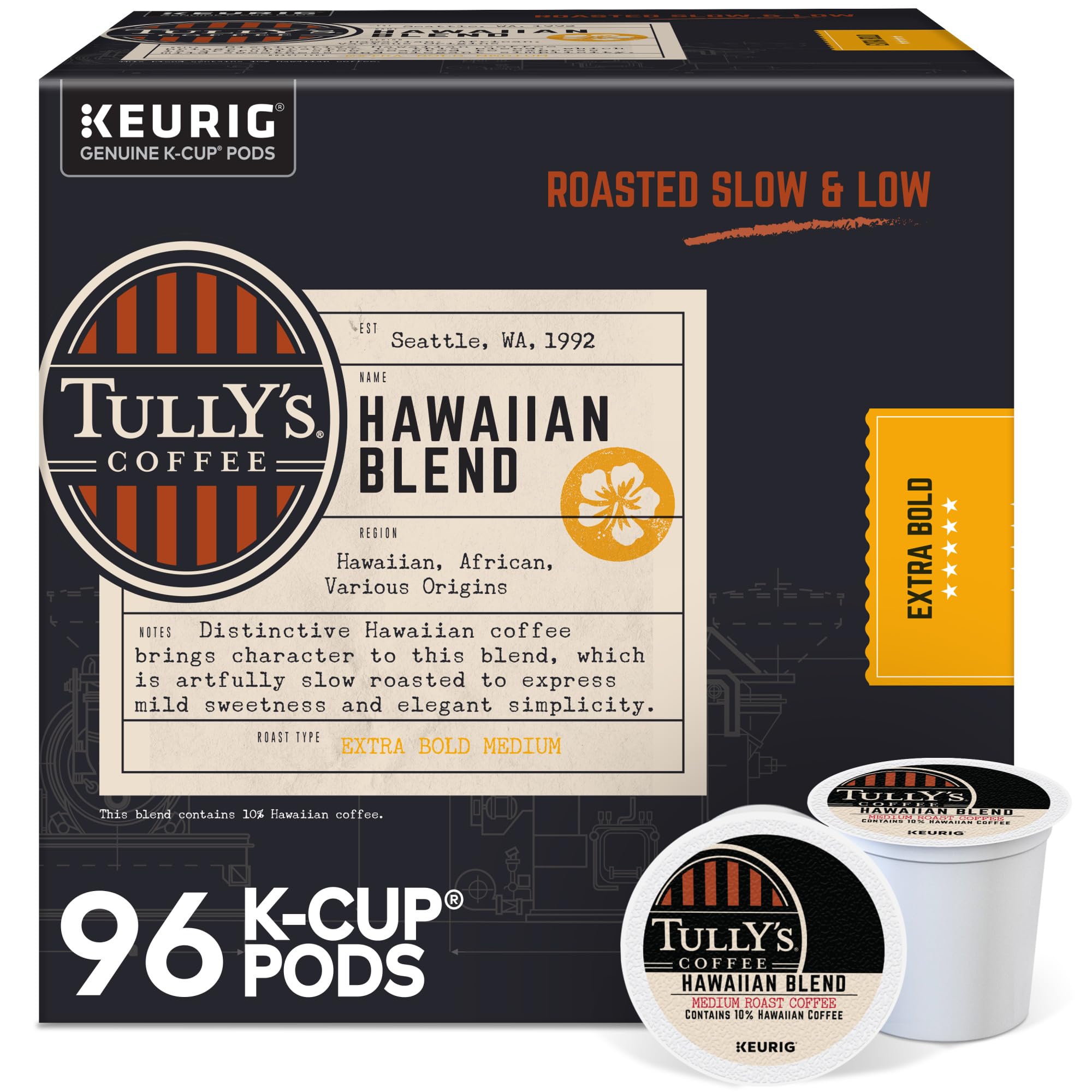 TULLY'S front packaging showing 96-count convenience and shelf-ready design