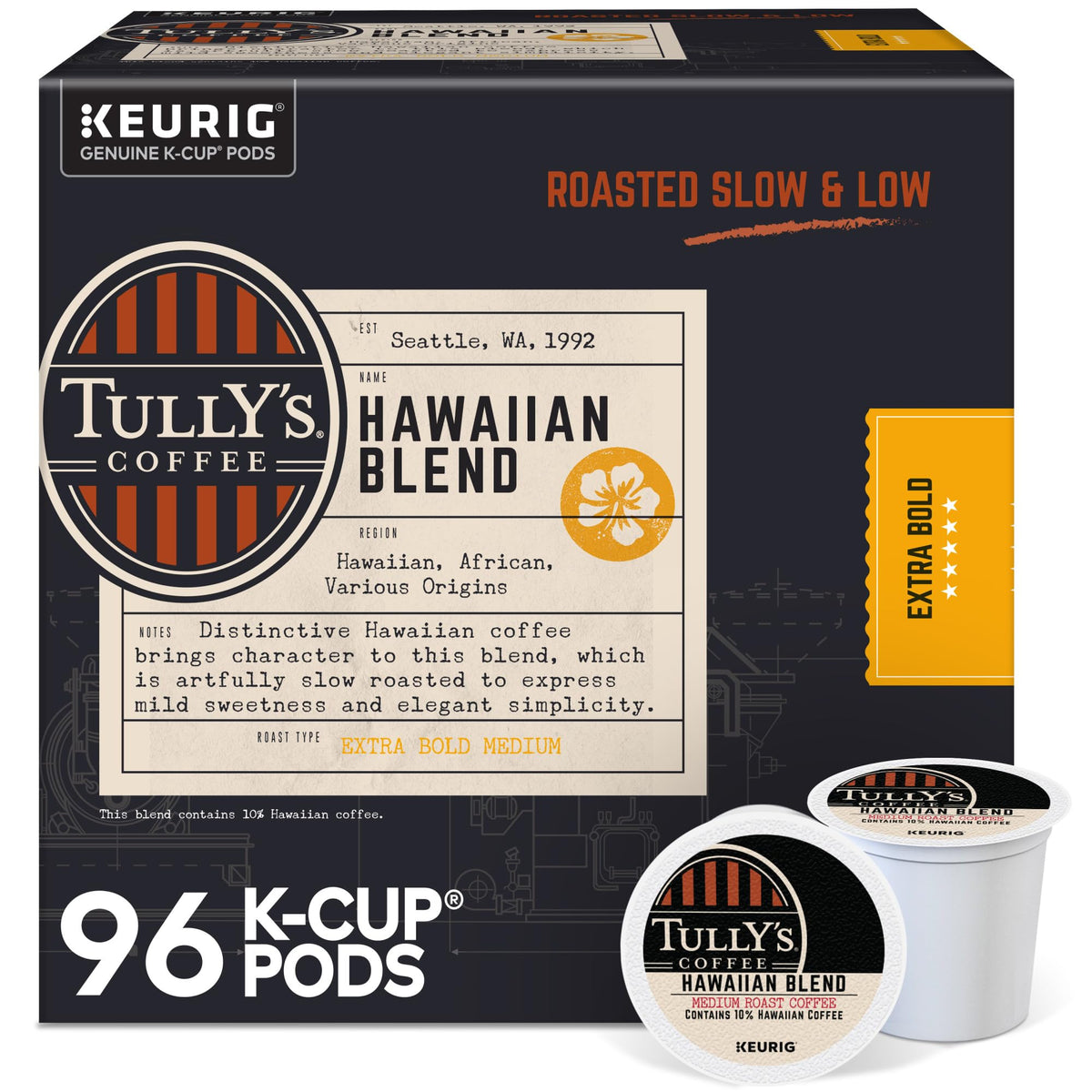 TULLY'S front packaging showing 96-count convenience and shelf-ready design