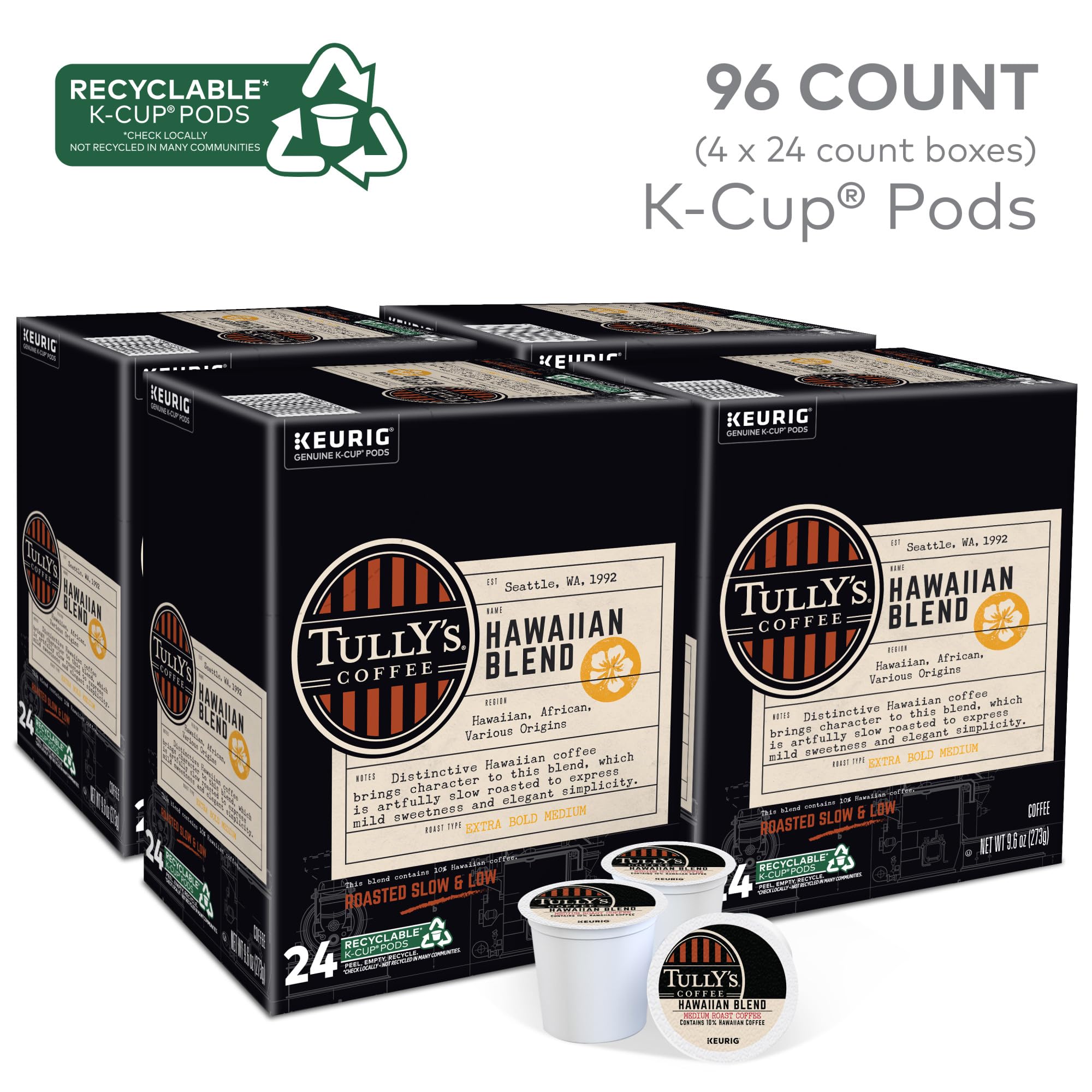 TULLY'S close-up of a single K-Cup pod emphasizing easy brewing convenience