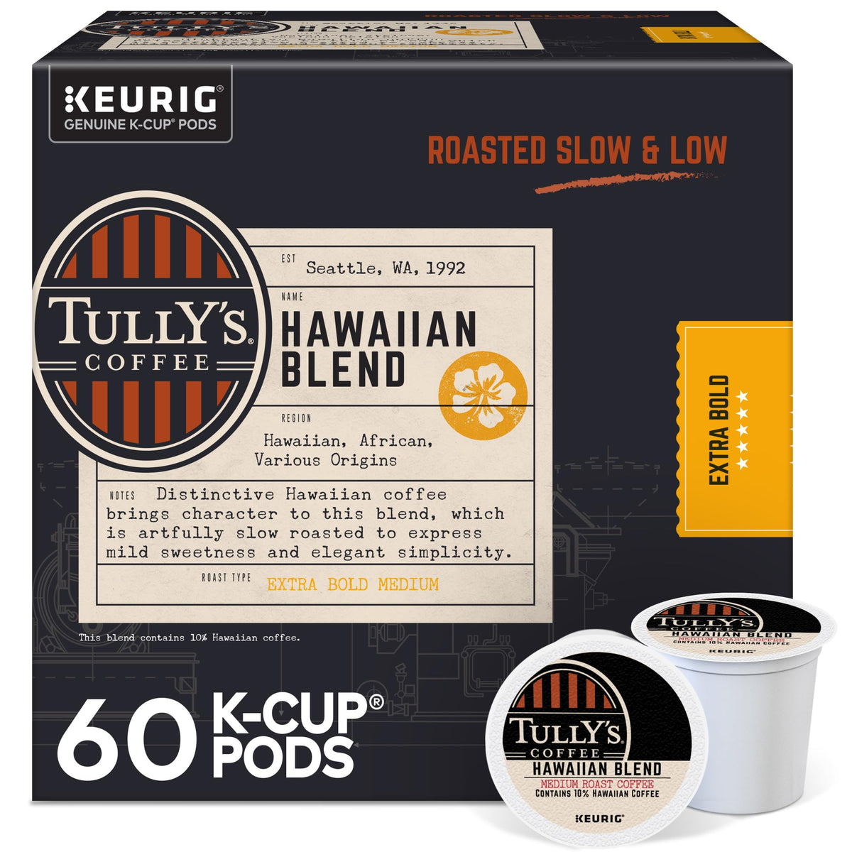Tully's front packaging showing Hawaiian Blend and convenient 60-count benefit