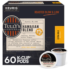 Tully's front packaging showing Hawaiian Blend and convenient 60-count benefit