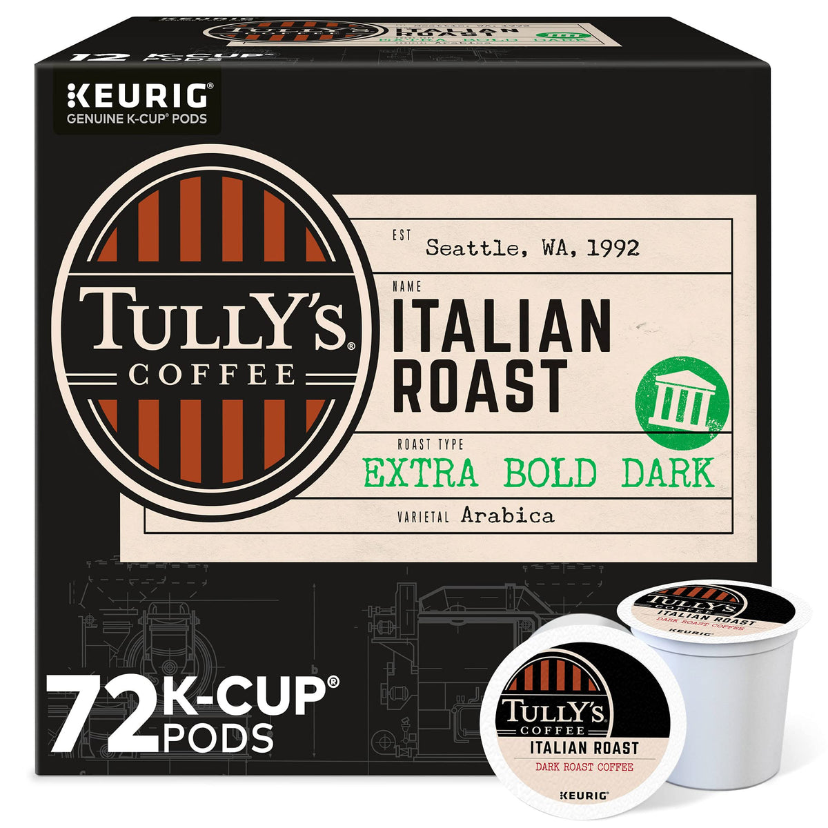 Tully's Italian Roast front box showing product branding and quantity benefits