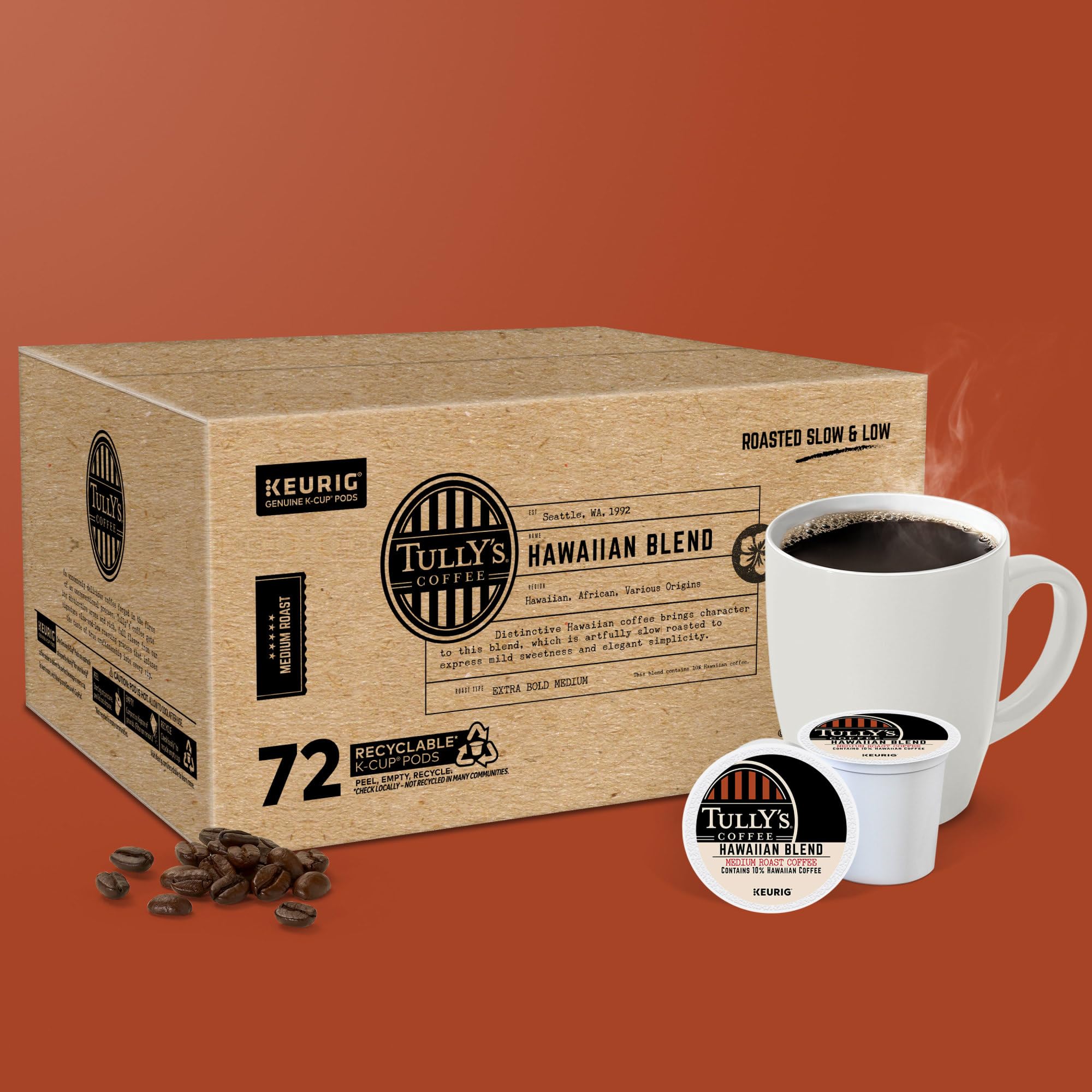 TULLY'S open box with multiple K-Cup pods demonstrating bulk value