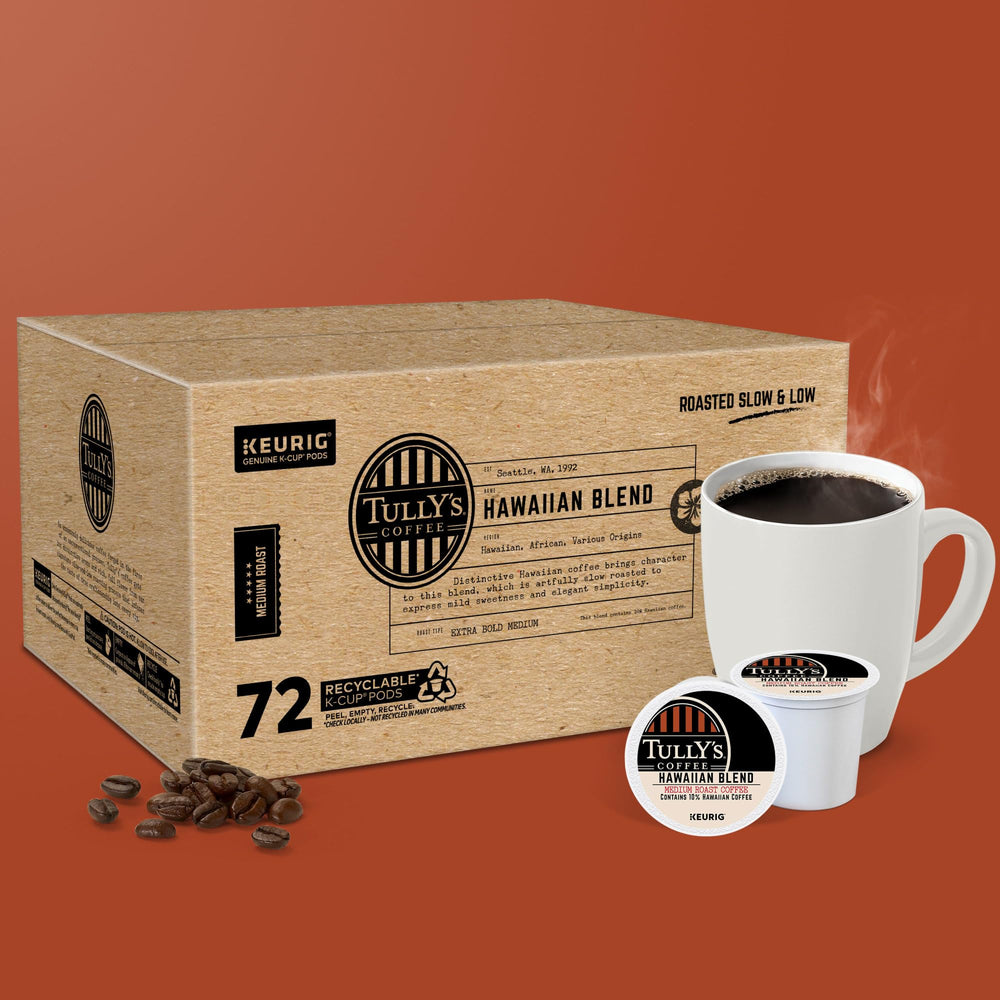 TULLY'S open box with multiple K-Cup pods demonstrating bulk value