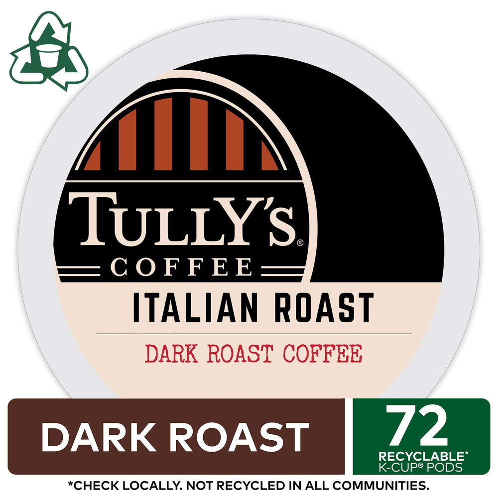 Tully's single K-Cup pod closeup highlighting convenient single-serve benefit