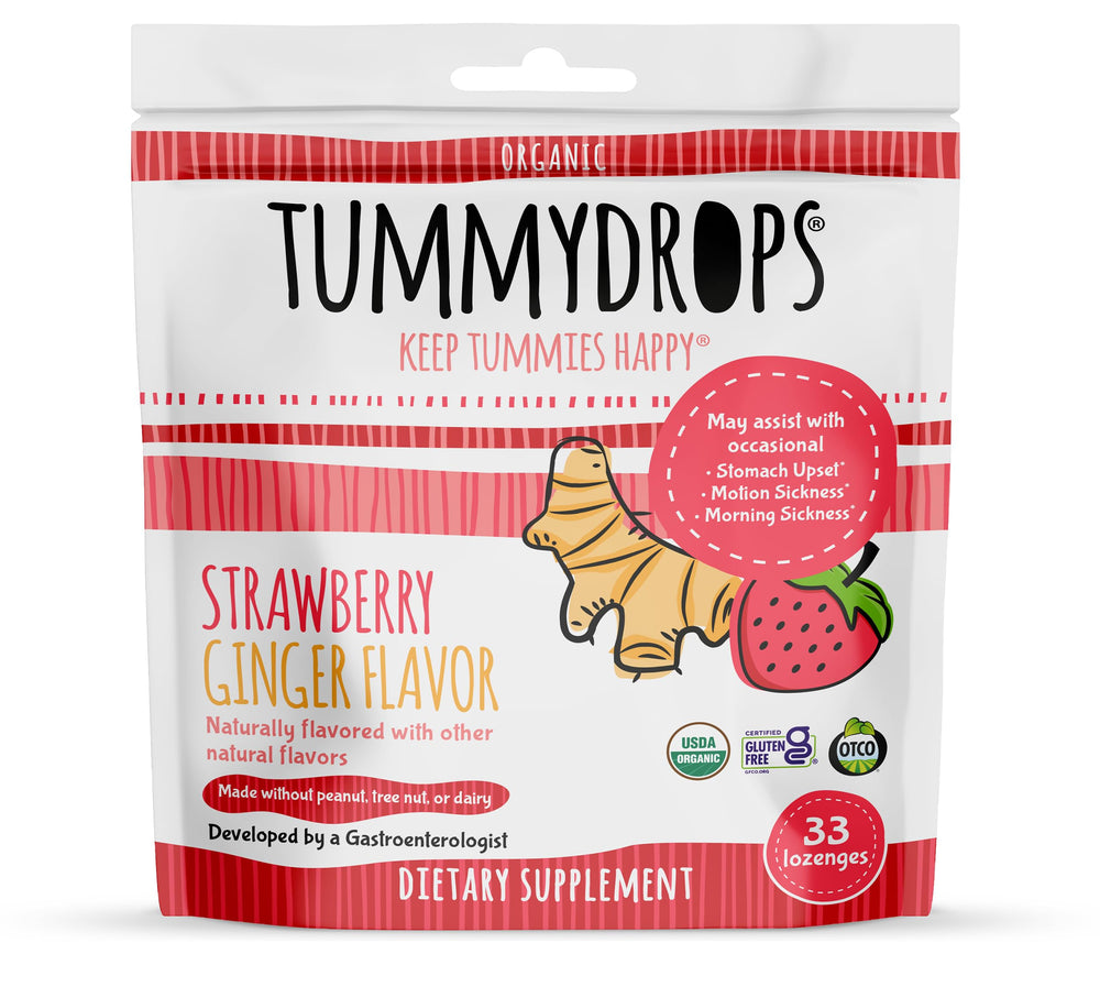 tummy drops front pouch showing label and resealable zip for easy storage