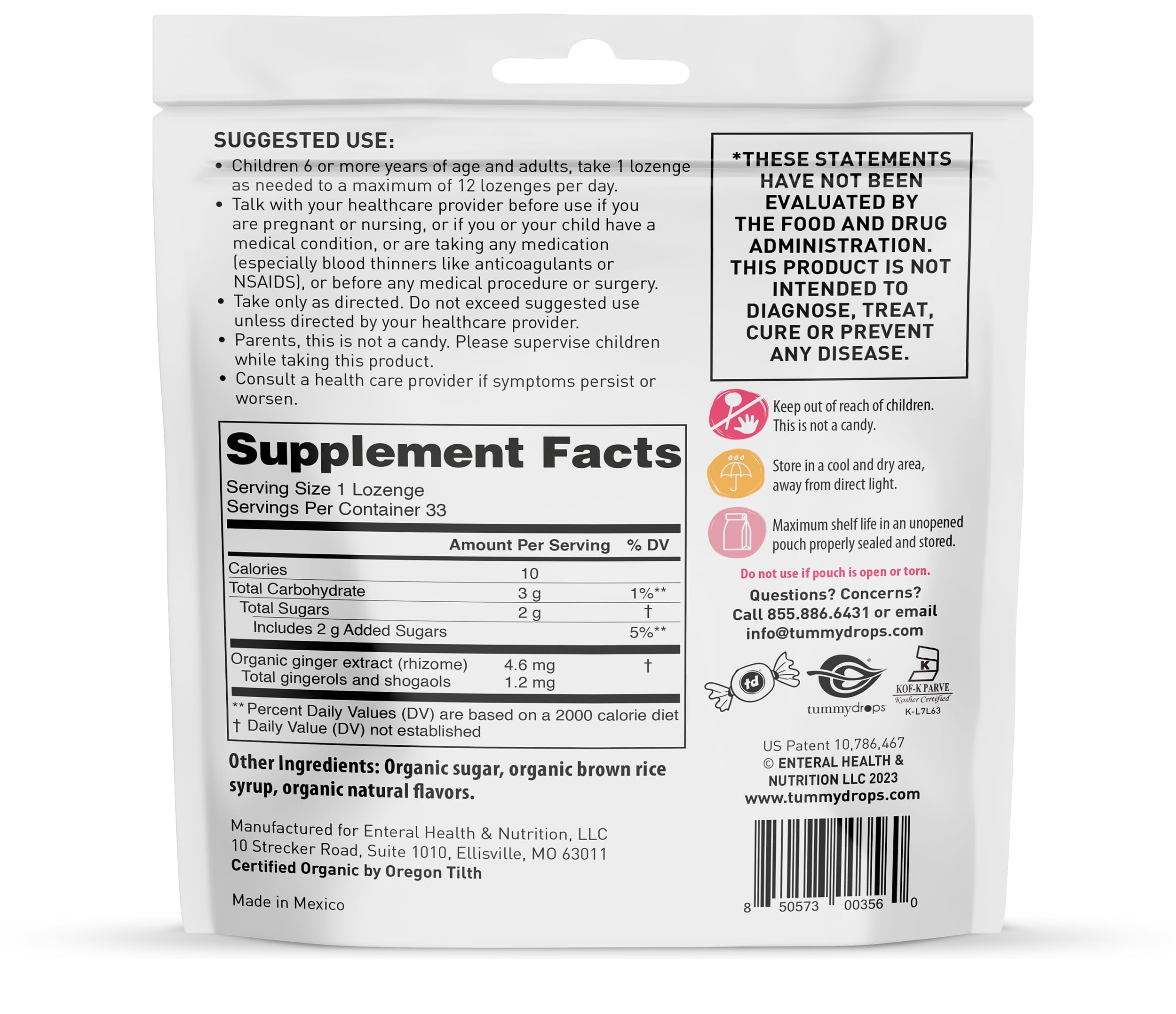 tummydrops label with organic and kosher certifications for ingredient trust