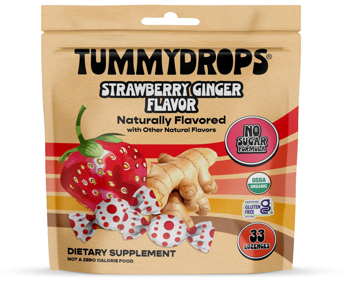 tummydrops front box showing strawberry ginger flavor and organic badge for quick recognition