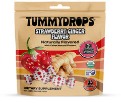 tummydrops front box showing strawberry ginger flavor and organic badge for quick recognition