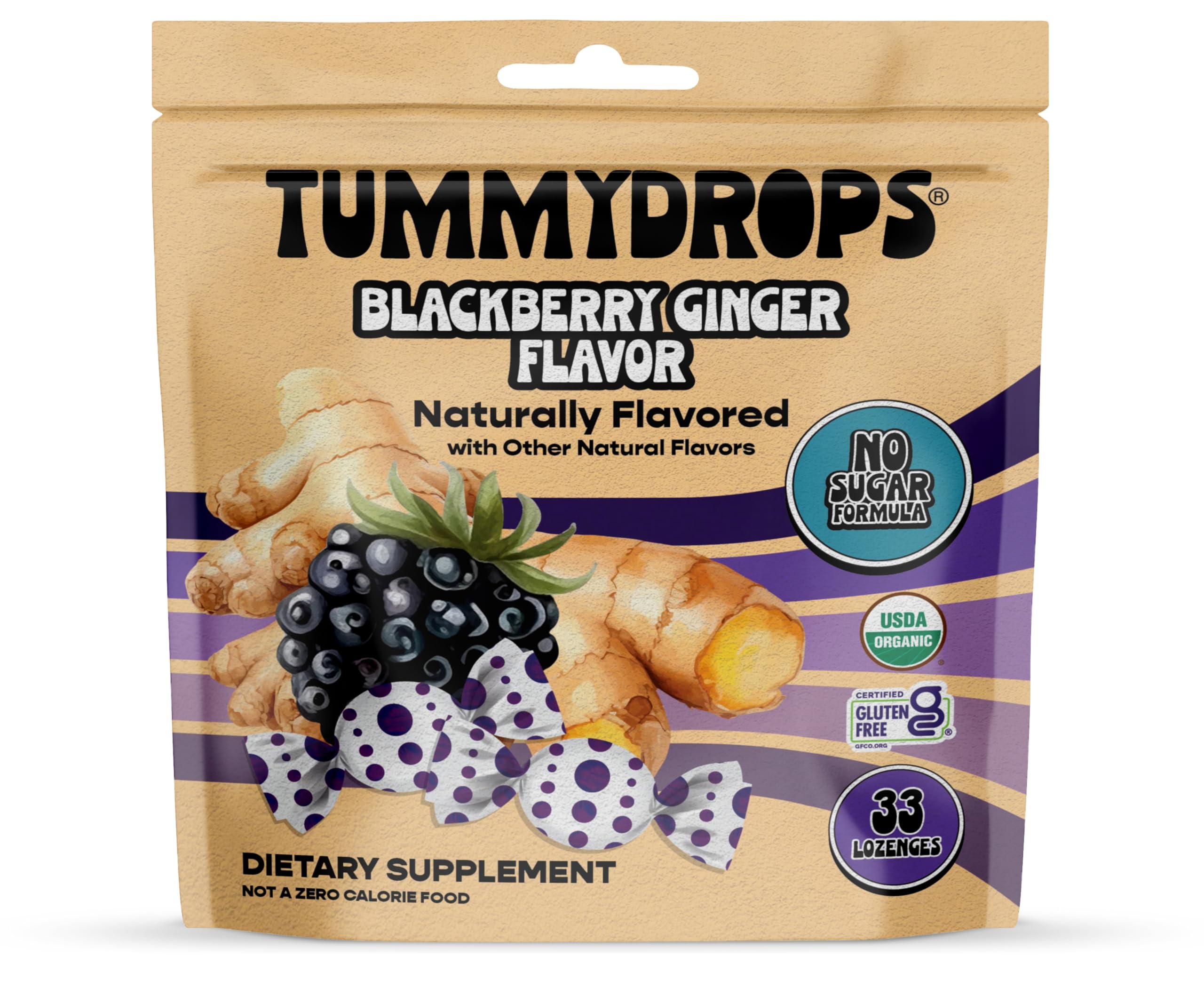 tummydrops front packaging showing blackberry ginger flavor and benefits