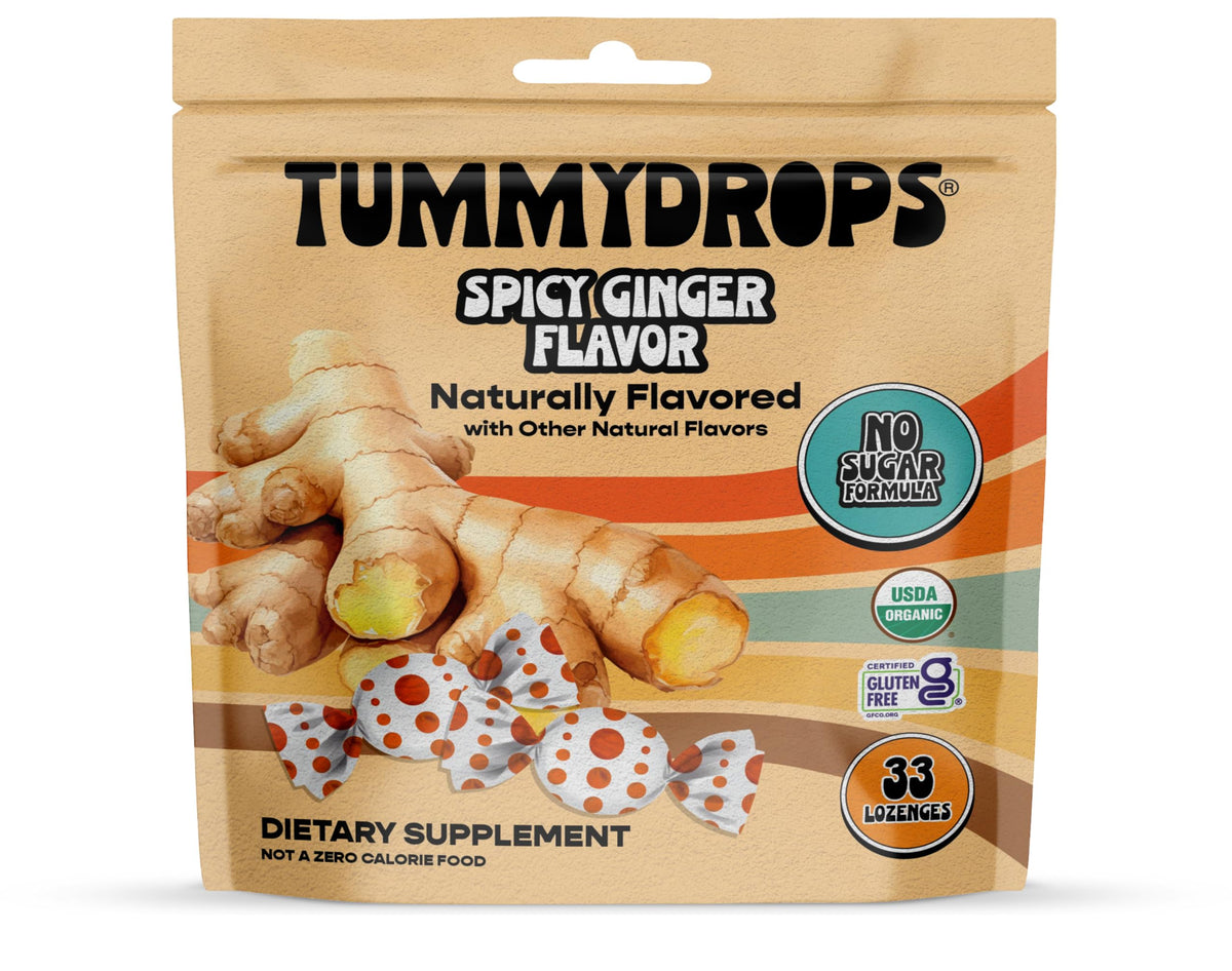 tummydrops front pouch showing resealable bag and organic claim for easy travel